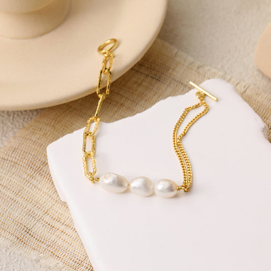Asal- Hollow Chain Baroque Natural Pearl 925 Sterling Silver Bracelet