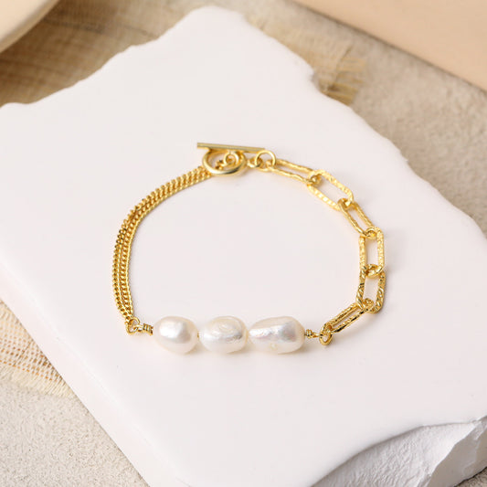 Asal-  Hollow Chain Baroque Natural Pearl 925 Sterling Silver Bracelet