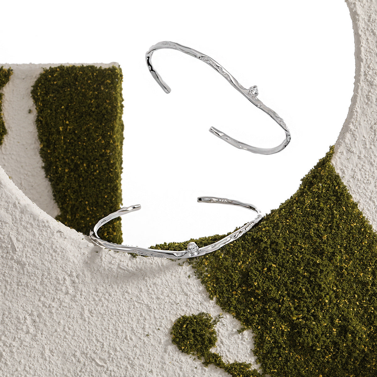 Irregular CZ Wave 925 Sterling Silver Open Bangle