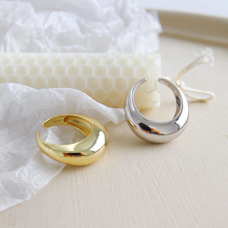 fashion personality geometric exaggeration elliptical smooth S925 pure silver ring for women