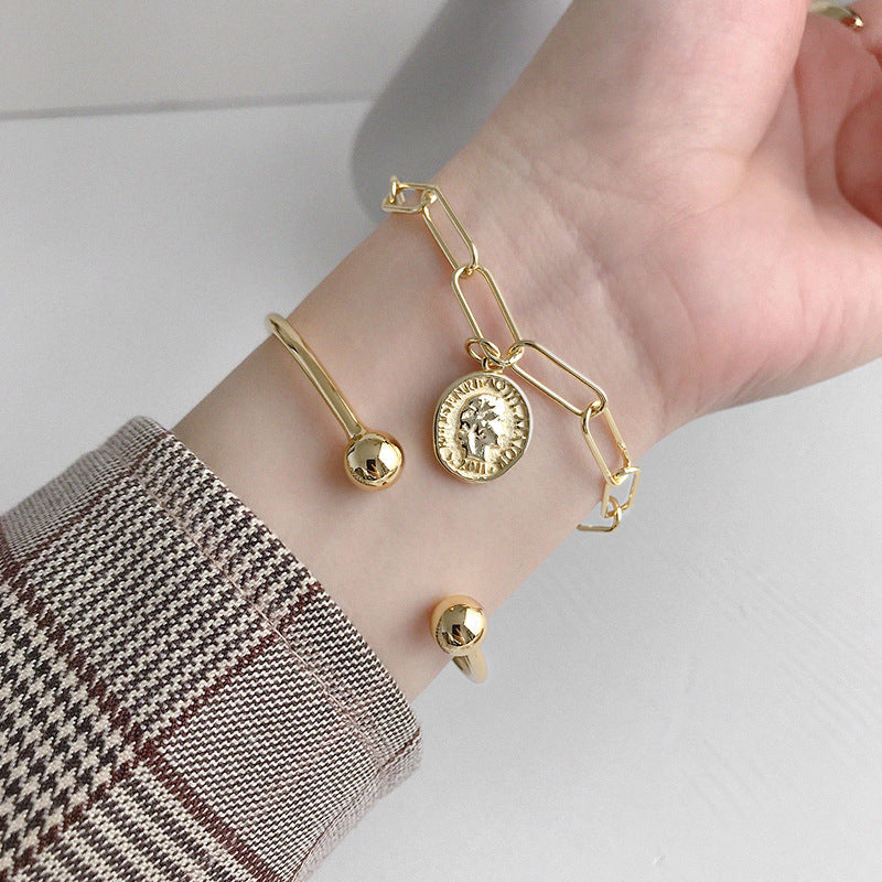Hanna - Minimal Gold Beads 925 Sterling Silver Open Bangle